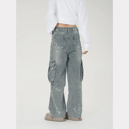 American high street vibe splash ink cargo jeans female hip-hop fashionable brand multi-pocket design loose wide-leg pants