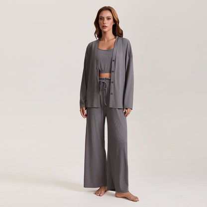 Autumn new spring and autumn women's pajamas cross-border foreign trade sling coat & trousers three-piece set plus size homewear