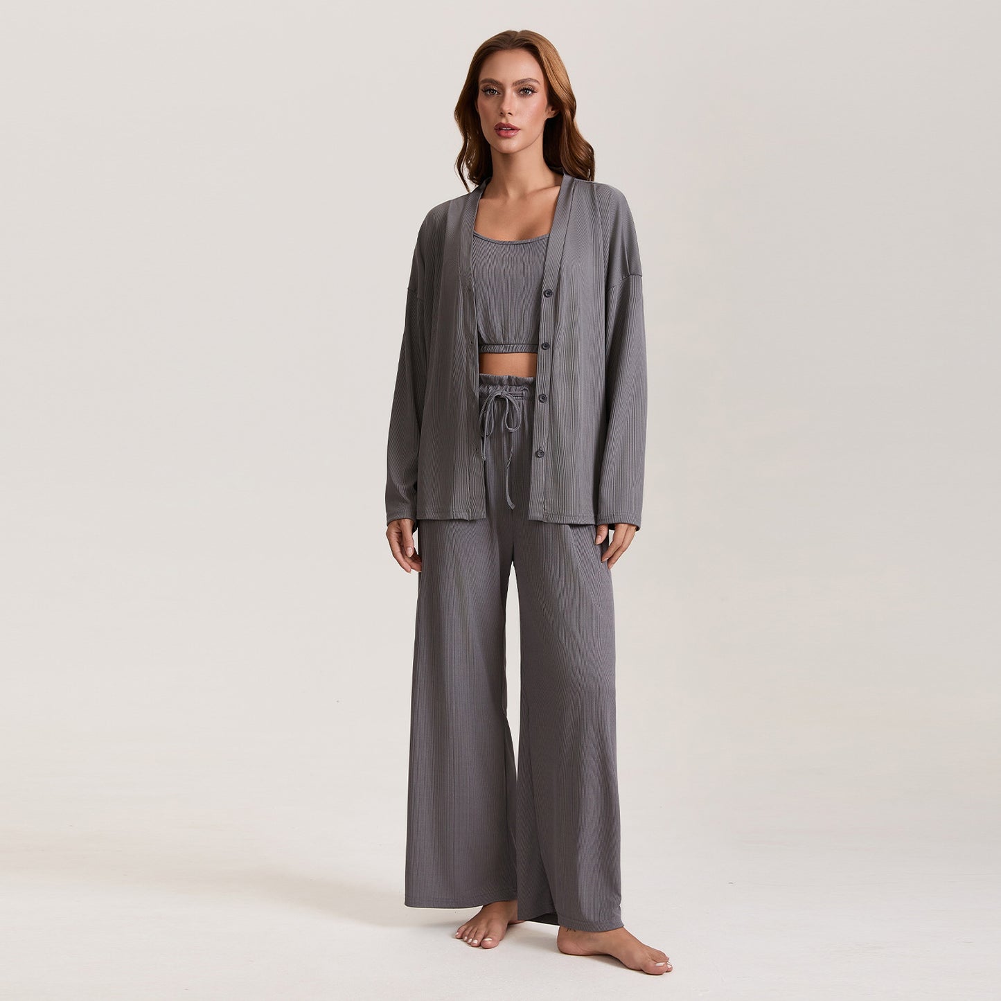 Autumn new spring and autumn women's pajamas cross-border foreign trade sling coat & trousers three-piece set plus size homewear