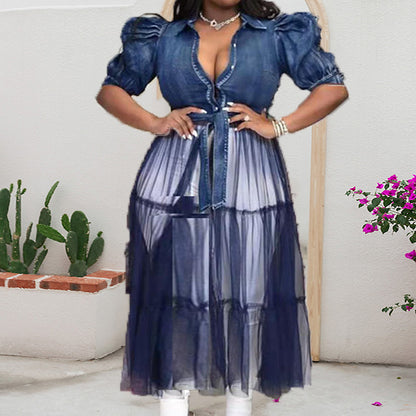 2025 new European and American plus size women's dress cardigan dress temperament commute blue Denim stitching mesh skirt