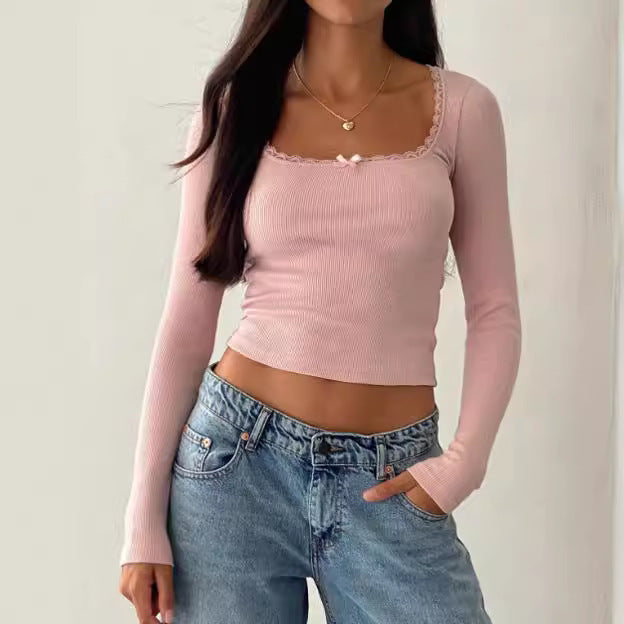 2023 new arrival Amazon Fall Winter fashion sexy U collar small lace knitted bottoming shirt