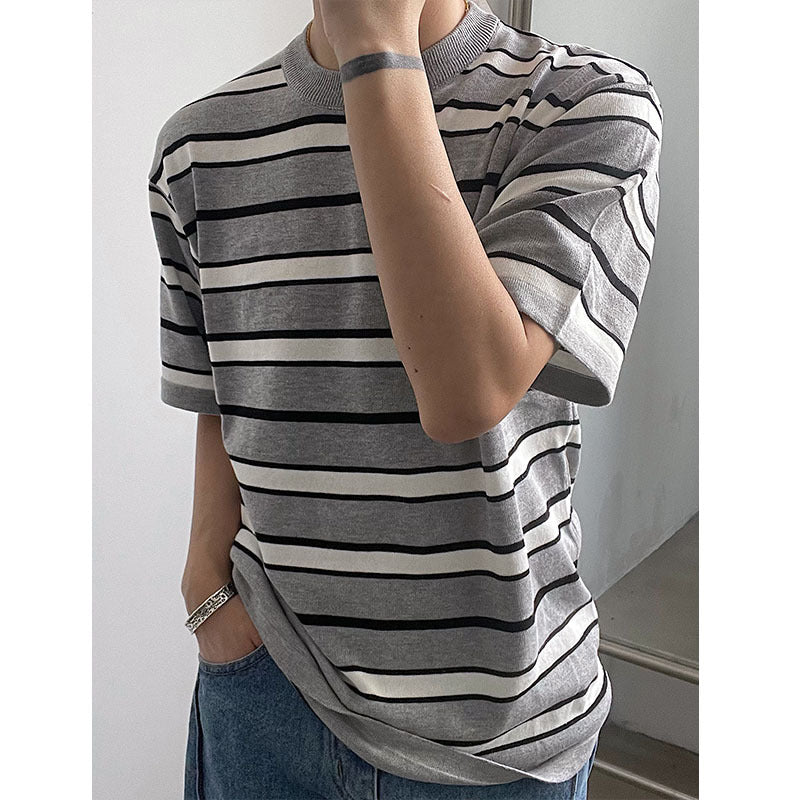 Korean Knit Striped Short Sleeve Men's T-Shirt