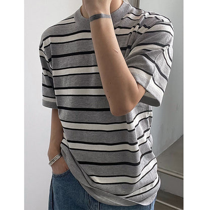 Korean Knit Striped Short Sleeve Men's T-Shirt