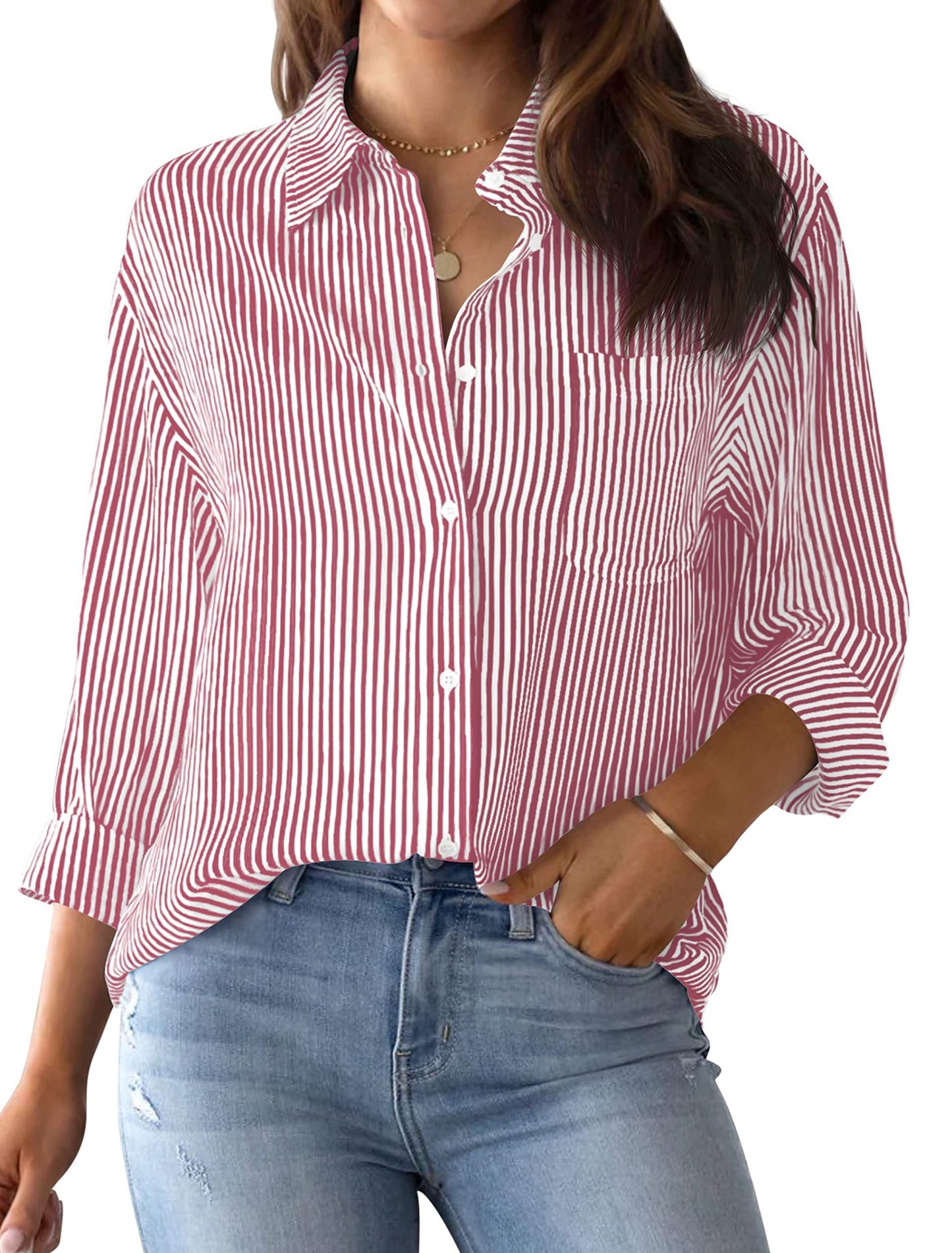 Women's button-down shirt striped classic long sleeve collar office work shirt top with pockets