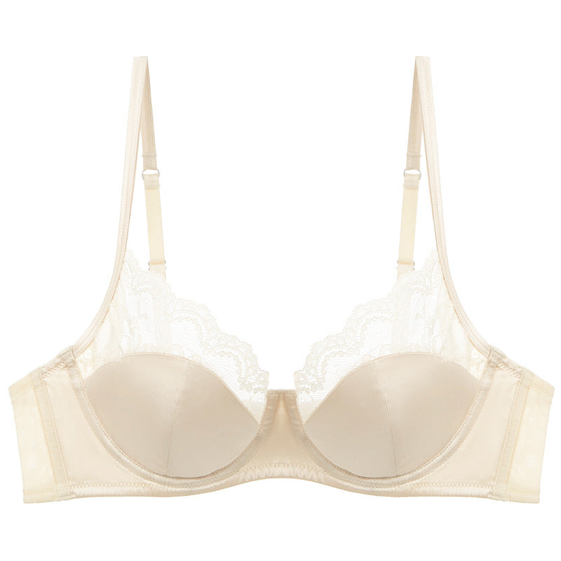 Cross-border sexy underwear women's French thin satin stitching lace underwear big chest small anti-SAG bra suit