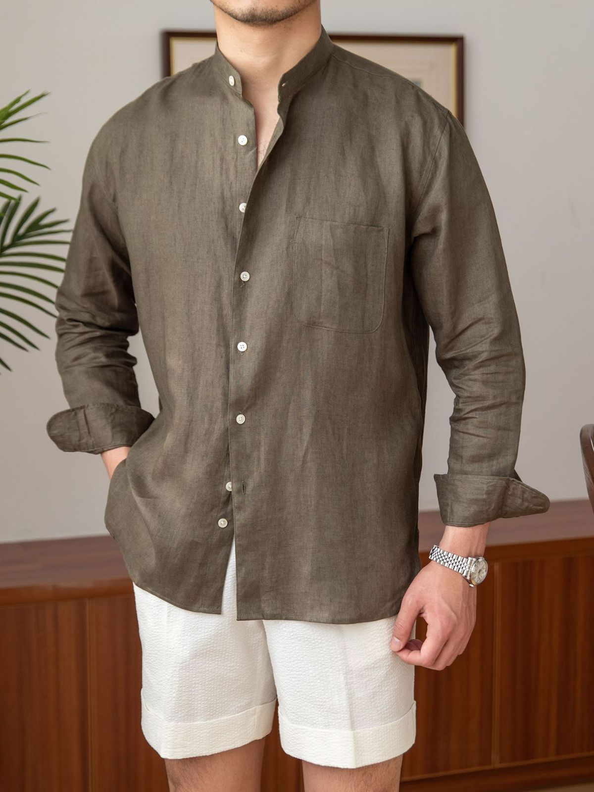Pure Linen Long-Sleeved Shirt, Versatile Vacation Stand-Up Collar Shirt, Men's Henley Collar Top