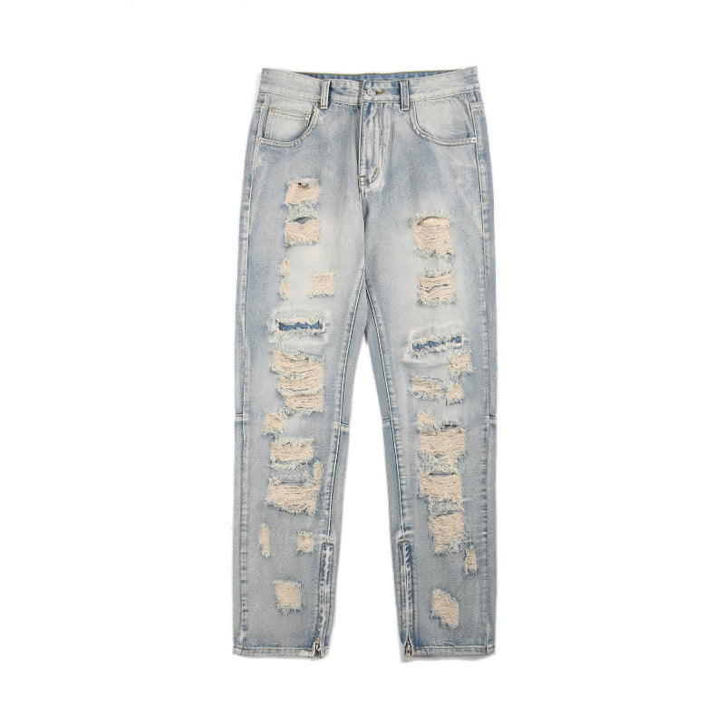 LKTM men's# American ripped retro jeans men's fashion brand High Street washed zipper split long pants