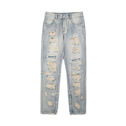 LKTM men's# American ripped retro jeans men's fashion brand High Street washed zipper split long pants