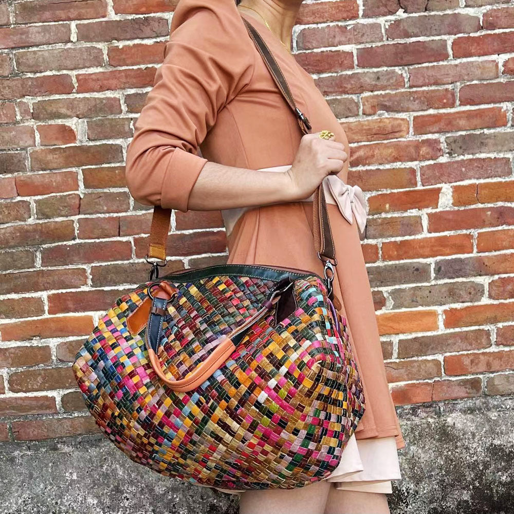 European and American women's bag wholesale hand-woven color leather stitching handbag messenger bag women's bag