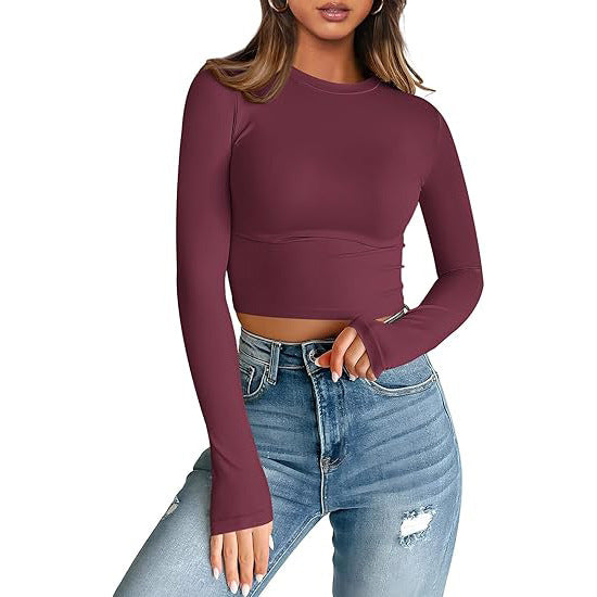 European and American style women long sleeves cropped T-shirt autumn top fashion basic slim hot girl shirt milk Silk women's clothing