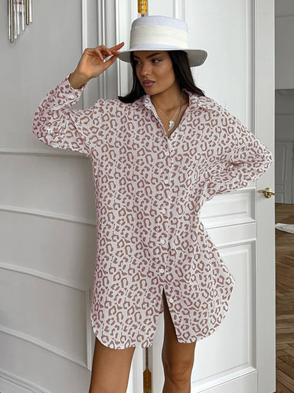 Autumn Crepe Cotton Leopard Print Pink Tie Front Women's Shirt |blouses,tops