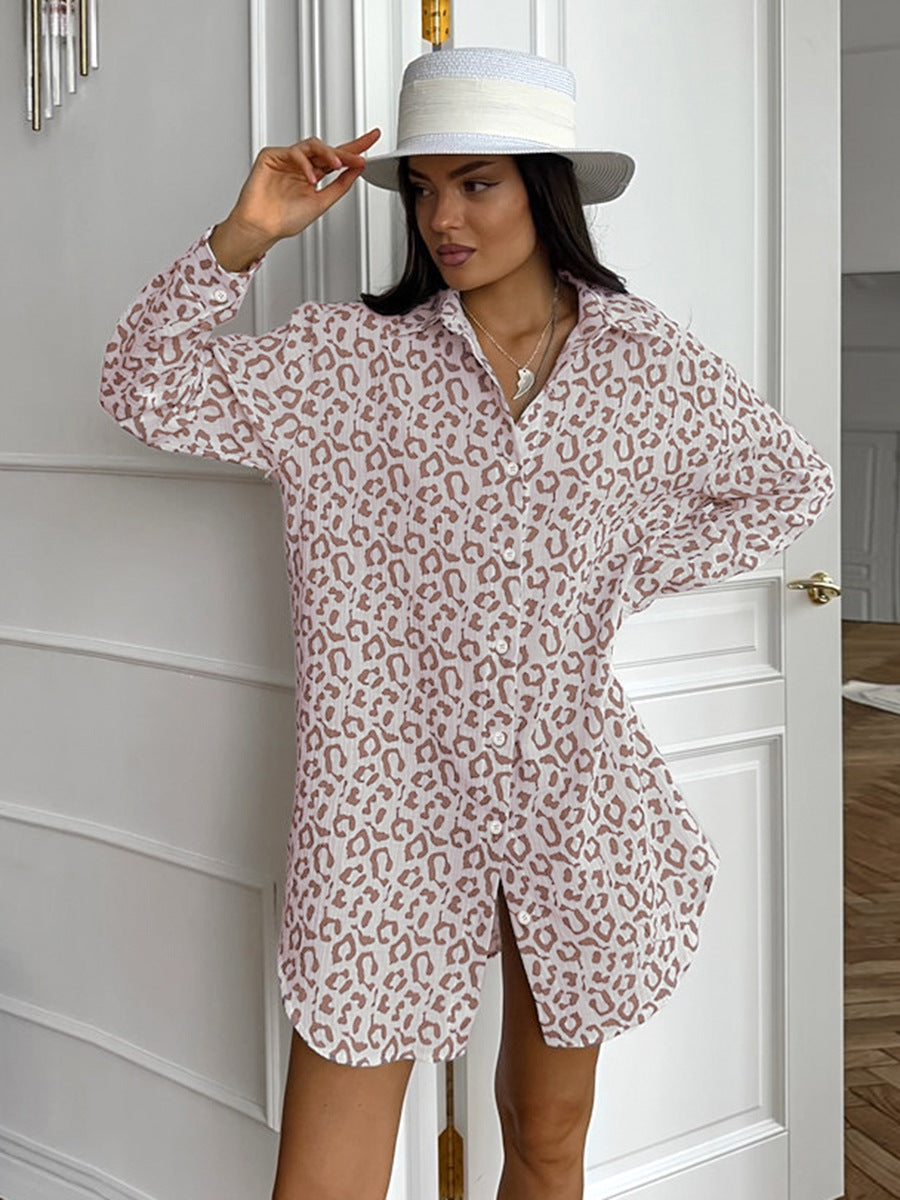 Autumn Crepe Cotton Leopard Print Pink Tie Front Women's Shirt |blouses,tops