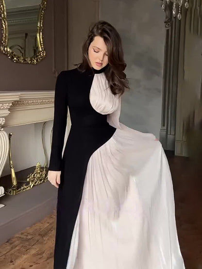 Amazon 2024 Europe and America cross border irregular color contrast patchwork dress high waist pleated slingback long dress for women