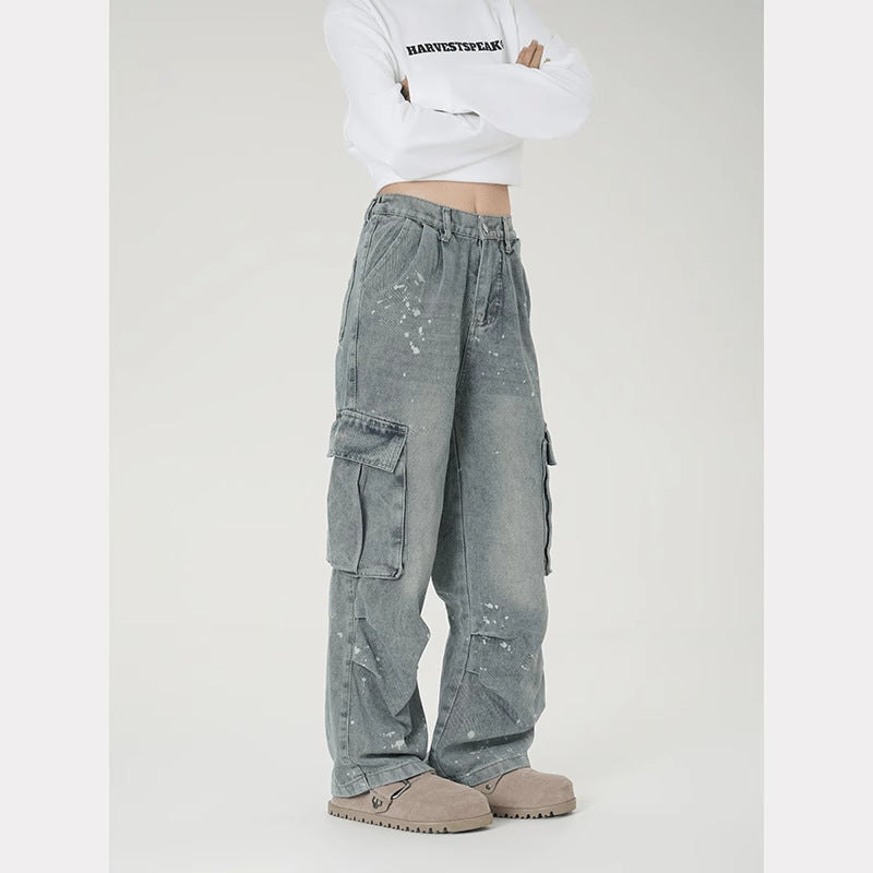 American high street vibe splash ink cargo jeans female hip-hop fashionable brand multi-pocket design loose wide-leg pants