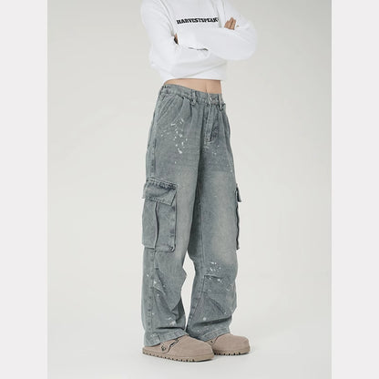 American high street vibe splash ink cargo jeans female hip-hop fashionable brand multi-pocket design loose wide-leg pants