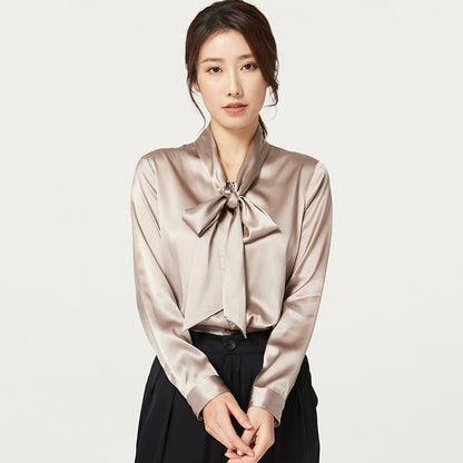 Heavy mulberry silk shirt with ribbon Women's Spring and Autumn new long sleeve bottoming V-neck bow women's silk shirt