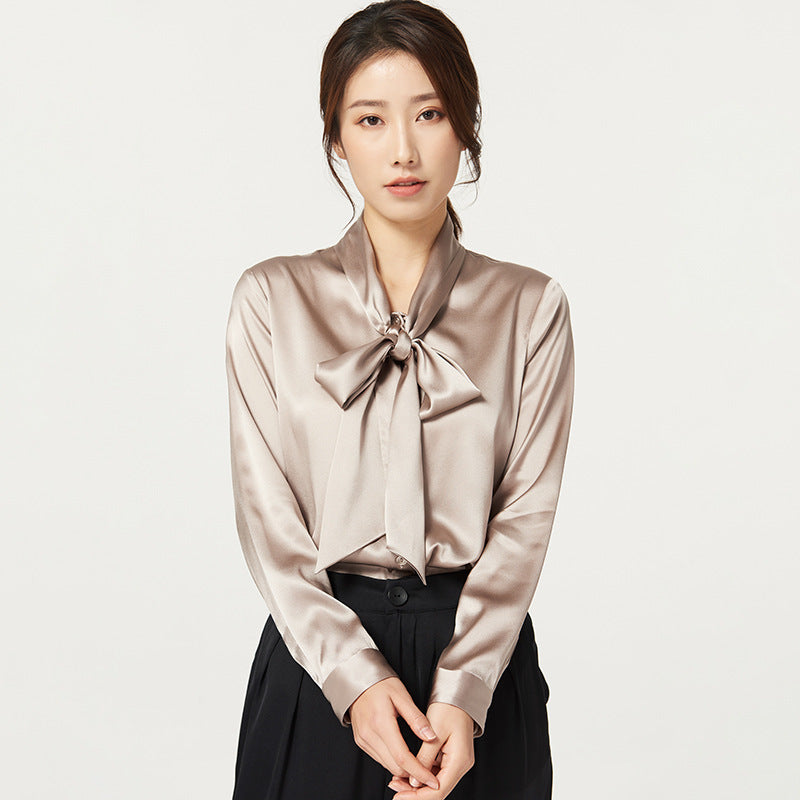Heavy mulberry silk shirt with ribbon Women's Spring and Autumn new long sleeve bottoming V-neck bow women's silk shirt