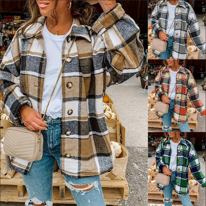 European and American new women's long sleeve plaid collar shirt jacket for autumn and winter|tops