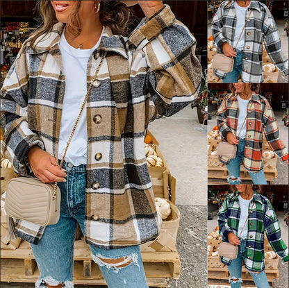European and American new women's long sleeve plaid collar shirt jacket for autumn and winter|tops
