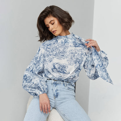 Chinese Style Ink Painting Women's Shirt Autumn New Lantern Sleeve Stand Collar Top |blouses,tops
