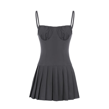 European and American girls fashion small fresh solid color chest shape slim fit waist-controlled slimming design A swing strap pleated dress short batch