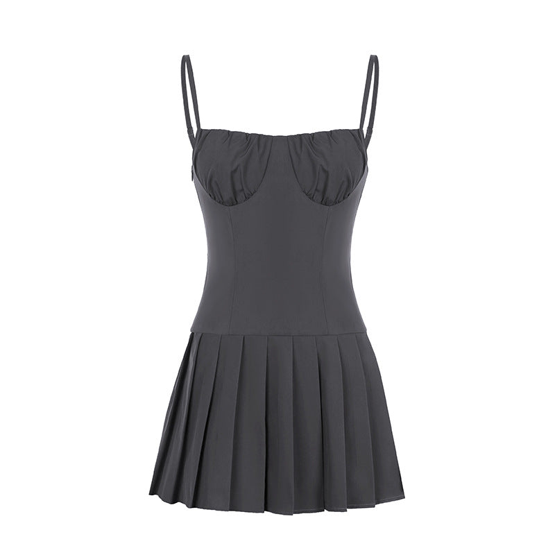 European and American girls fashion small fresh solid color chest shape slim fit waist-controlled slimming design A swing strap pleated dress short batch