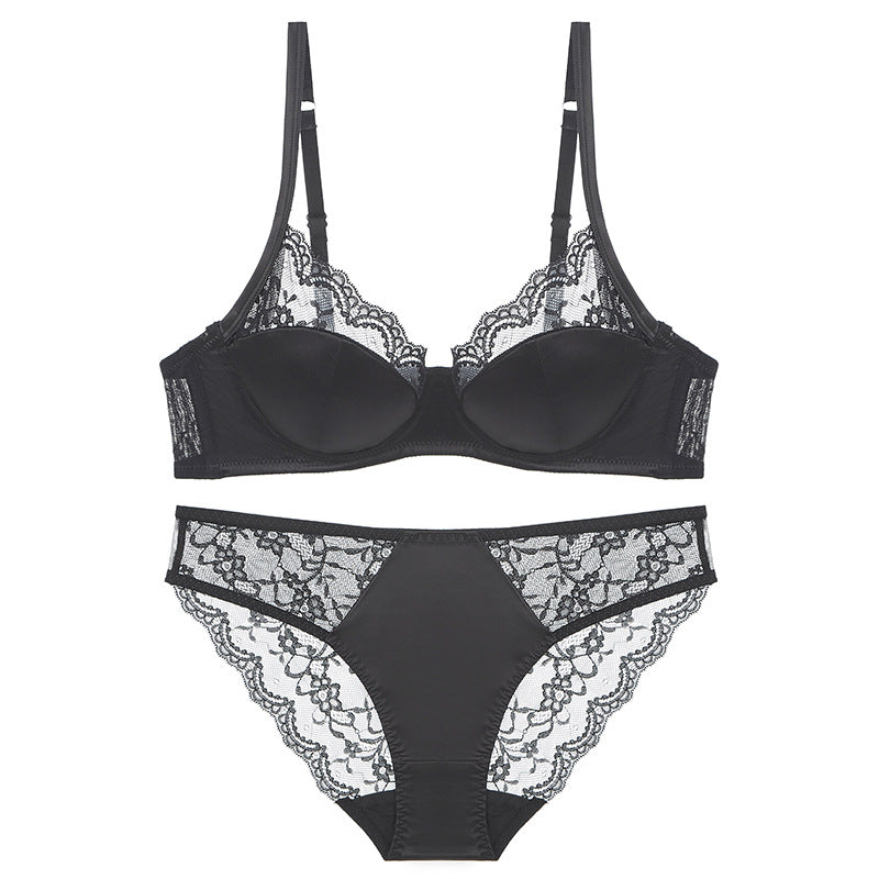 Cross-border sexy underwear women's French thin satin stitching lace underwear big chest small anti-SAG bra suit