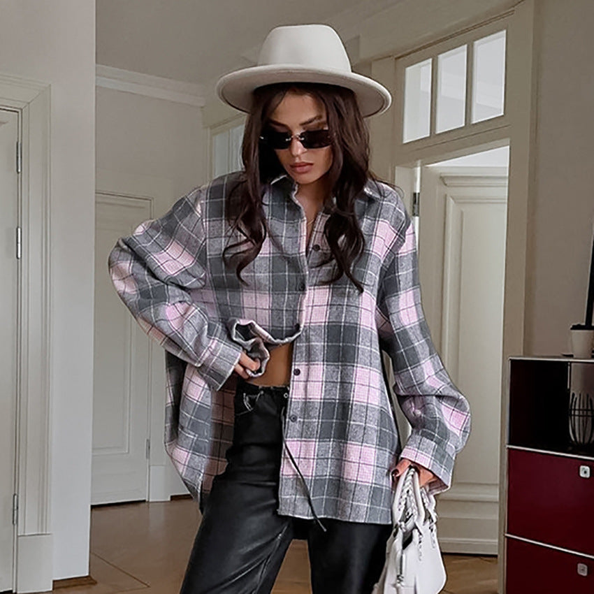 Spring New Color Block Plaid Shirt Loose Casual Women's Shirt Cardigan |tops
