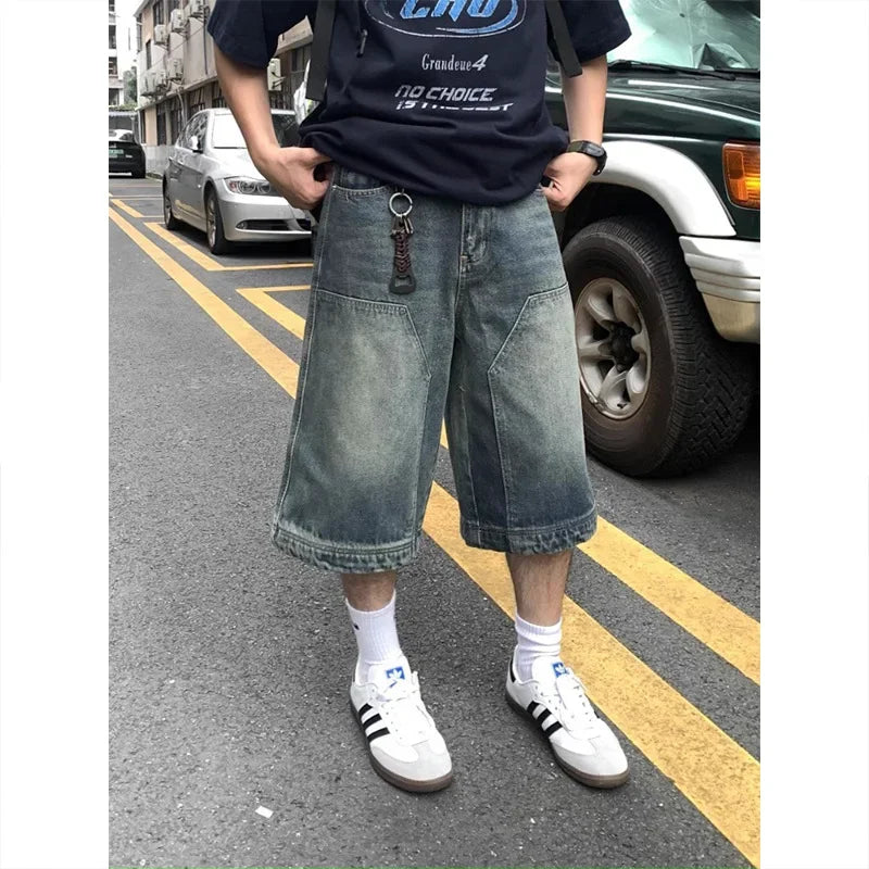 American retro Street washed Denim shorts men and women loose casual straight-leg wide leg fashion brand all-matching capri pants