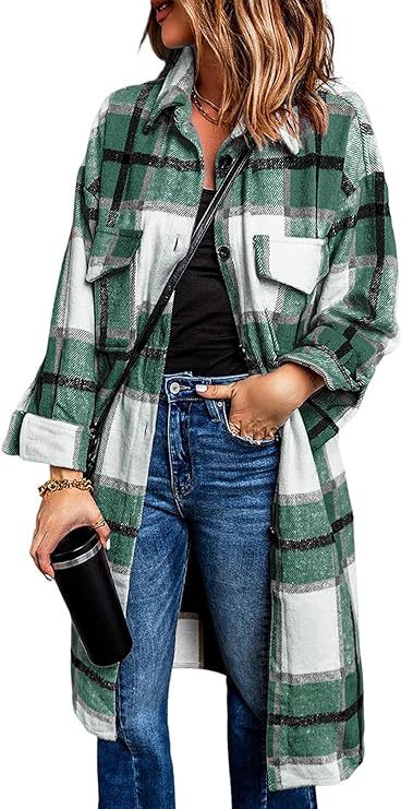 Women's 2024 mid-length plaid jacket long sleeve button shirt fashion Winter brushed woolen dress and coat
