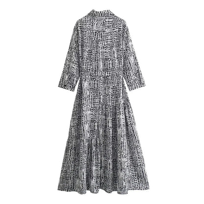 2024 Spring New Europe and America cross border Women's temperament light mature casual polo collar long sleeve printed shirt dress