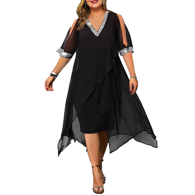 Cross-border women's clothing mid-skirt summer European and American fashion design stitching sequins off-shoulder loose plus size ladies dress