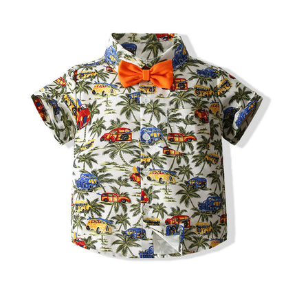Boys Suit Beach Style Shirt Summer Style Army Green Coconut Tree Shirt Shorts European And American Style Children's Cotton Summer Clothes