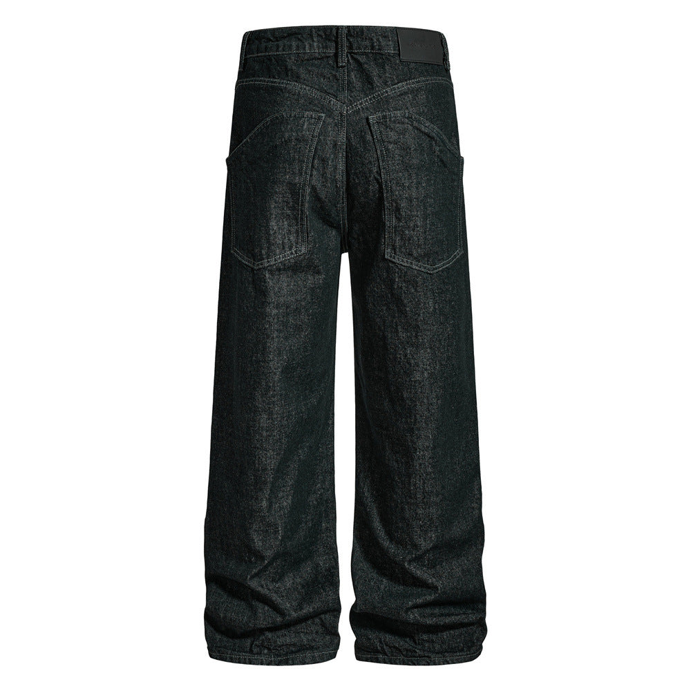 High-Street Men's Laser-Burnt Straight-Leg Denim Jeans, Trendy Loose Fit Casual Pants for Men