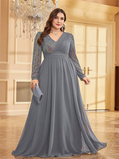 Plus size elegante lange avondjurk met V-hals en lange mouwen met kleurrijke lovertjes en kraaltjes