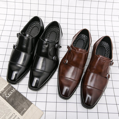 Foreign trade large size men's double buckle slip-on square toe leather shoes 2025 Spring and Autumn New plus size men's shoes 4647 size