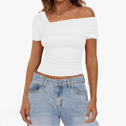Amazon cross-border foreign trade Women's One shoulder short sleeve shirt pleated T-shirt y2g solid color slim shirt