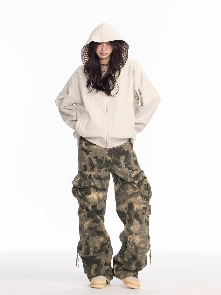 Spring and Autumn New American retro heavy industry camouflage loose trousers multi-pocket design sense wide-leg overalls men's fashion