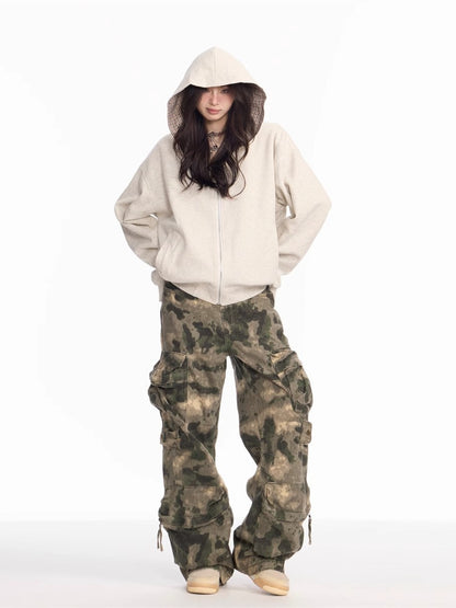 Spring and Autumn New American retro heavy industry camouflage loose trousers multi-pocket design sense wide-leg overalls men's fashion