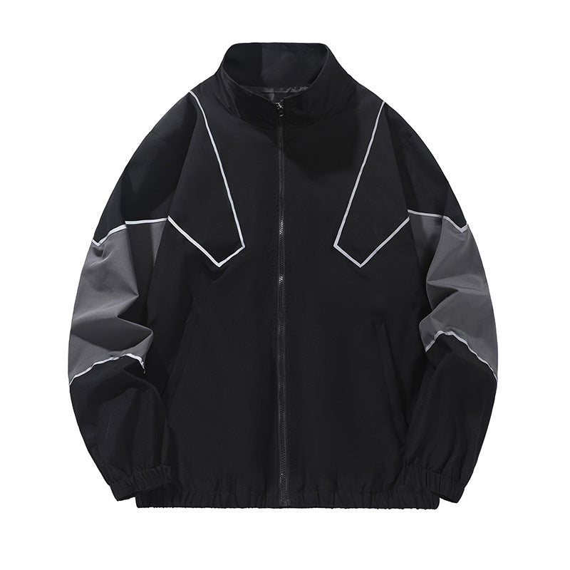 Fashion brand embedded reflective patchwork stand-up collar zipper jacket spring and autumn jacket loose Sports and Leisure jacket men's thin
