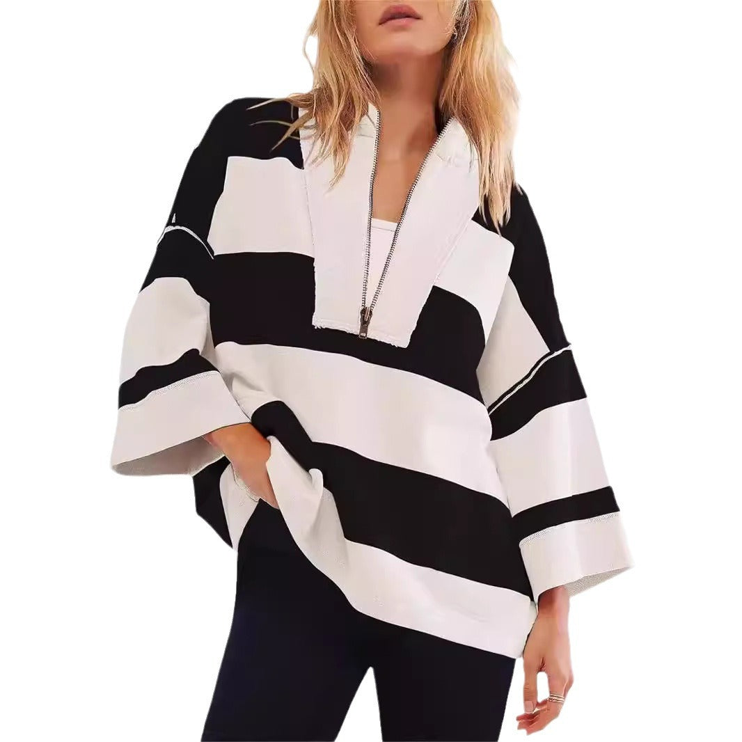 2024 women's oversized striped shirt half zip sweatshirt color block V-neck top casual loose pullover