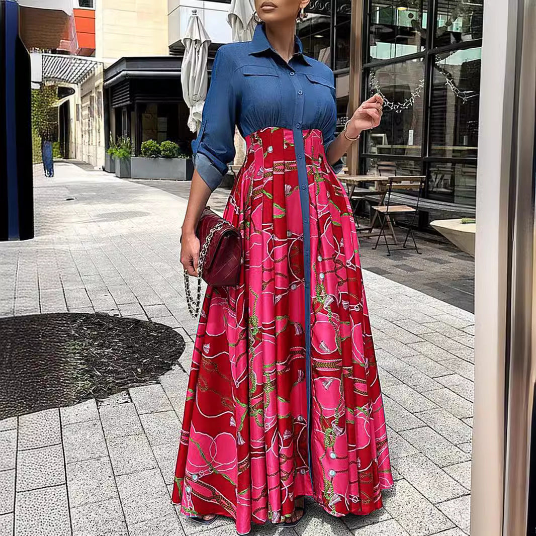 European plus size denim patchwork print dress