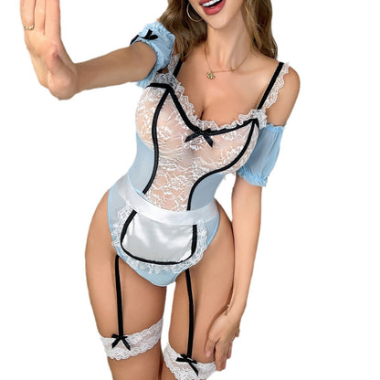 Cross-border European and American maid uniform underwear new high-grade sweet underwear lace hollow garter belt sexy suit