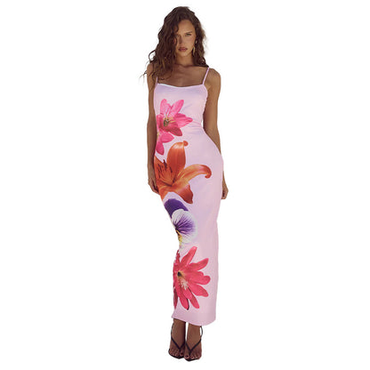 JY24198 suspender flower printed sexy dress 2024 Summer new hot girl backless slim fit long dress for women