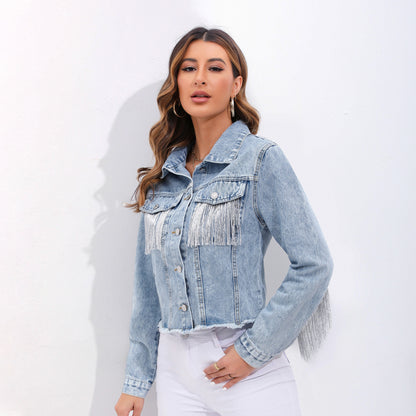 S177# plus size Denim coat women's jacket new products in stock AliExpress Amazon I tassel patchwork denim jacket Denim coat