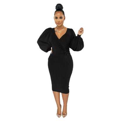 9958 Europe and America cross border Amazon solid color mid-length puff sleeve slim women's clothing dress
