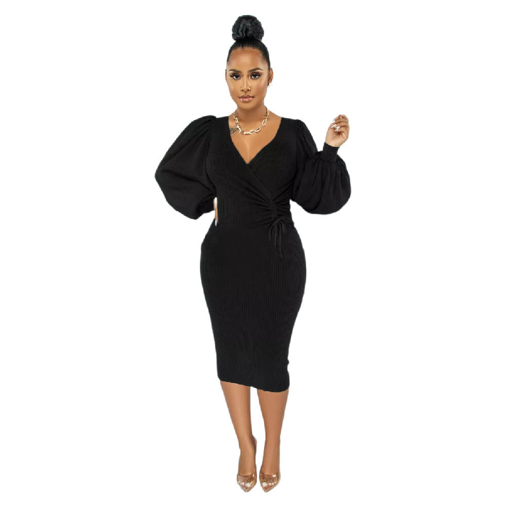 9958 Europe and America cross border Amazon solid color mid-length puff sleeve slim women's clothing dress