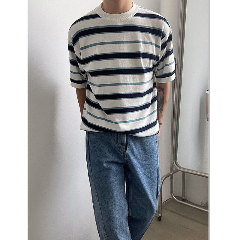 Korean Knit Striped Short Sleeve Men's T-Shirt