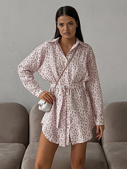 Autumn Crepe Cotton Leopard Print Pink Tie Front Women's Shirt |blouses,tops