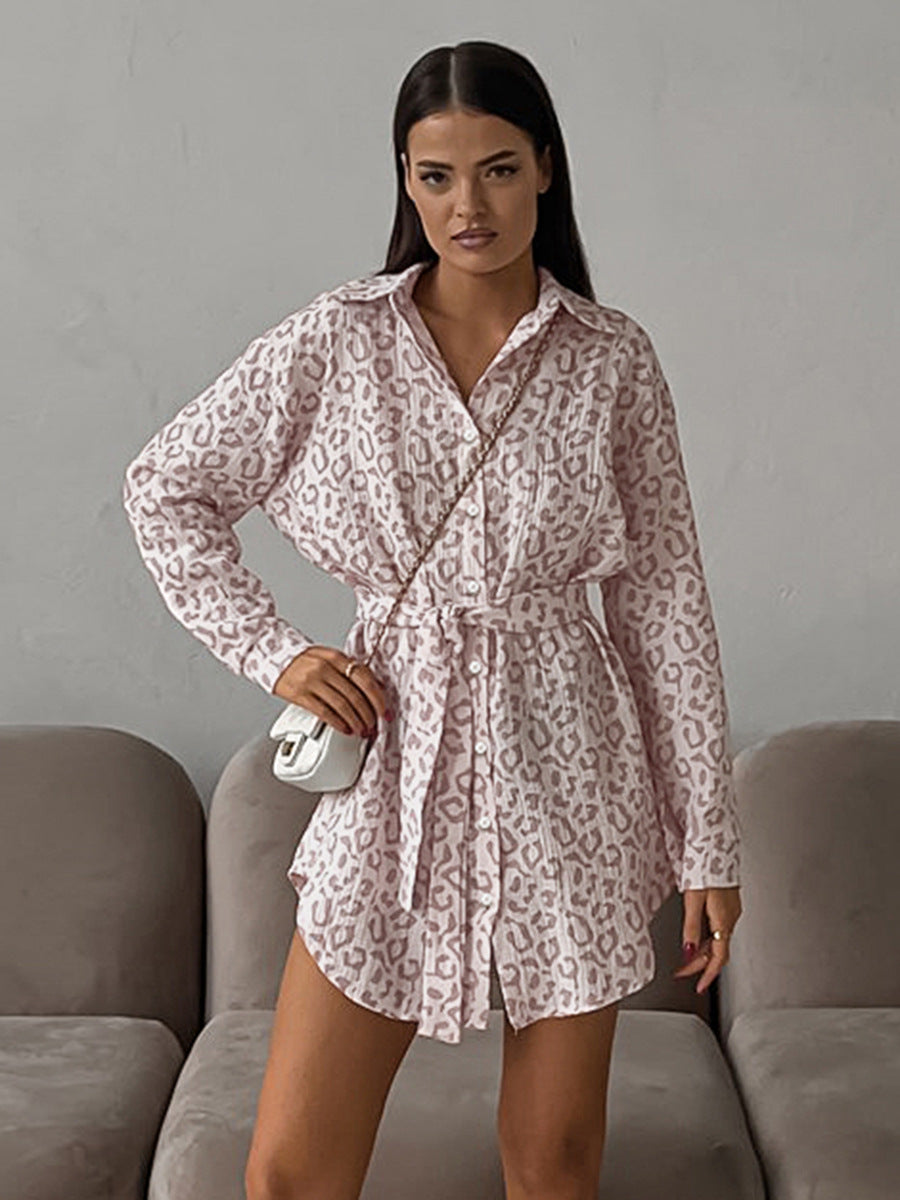 Autumn Crepe Cotton Leopard Print Pink Tie Front Women's Shirt |blouses,tops